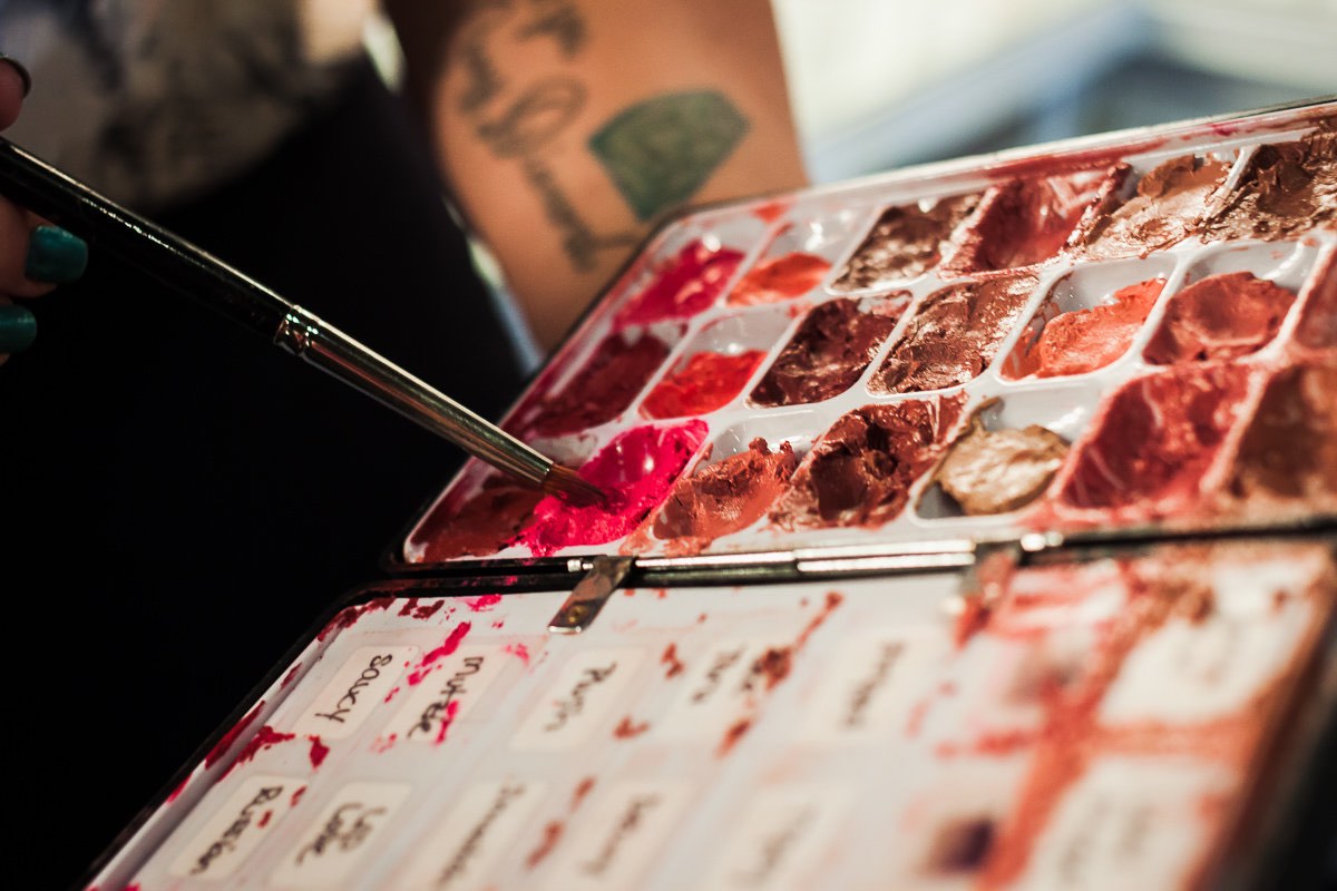 A makeup artists' palette of lipstick colors at Flawless Faces Beauty Lounge in Eastside Costa Mesa, California.