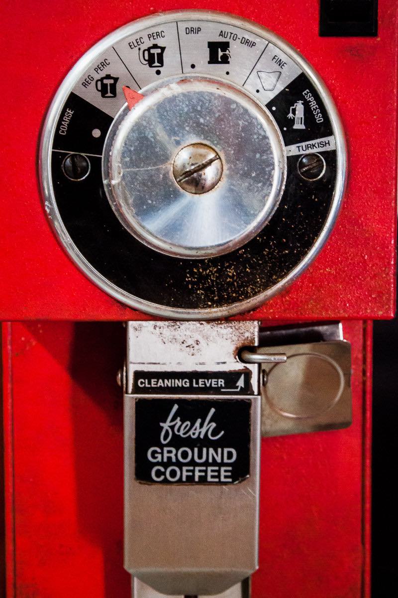 Red coffee-bean grinder at Wilson Coffee in Westside Costa Mesa, California.