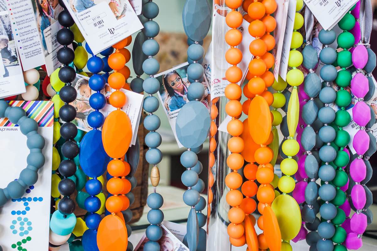 Fashionable Teething Necklaces Hang In-Store at Granola Babies Eco-Boutique in Costa Mesa, California