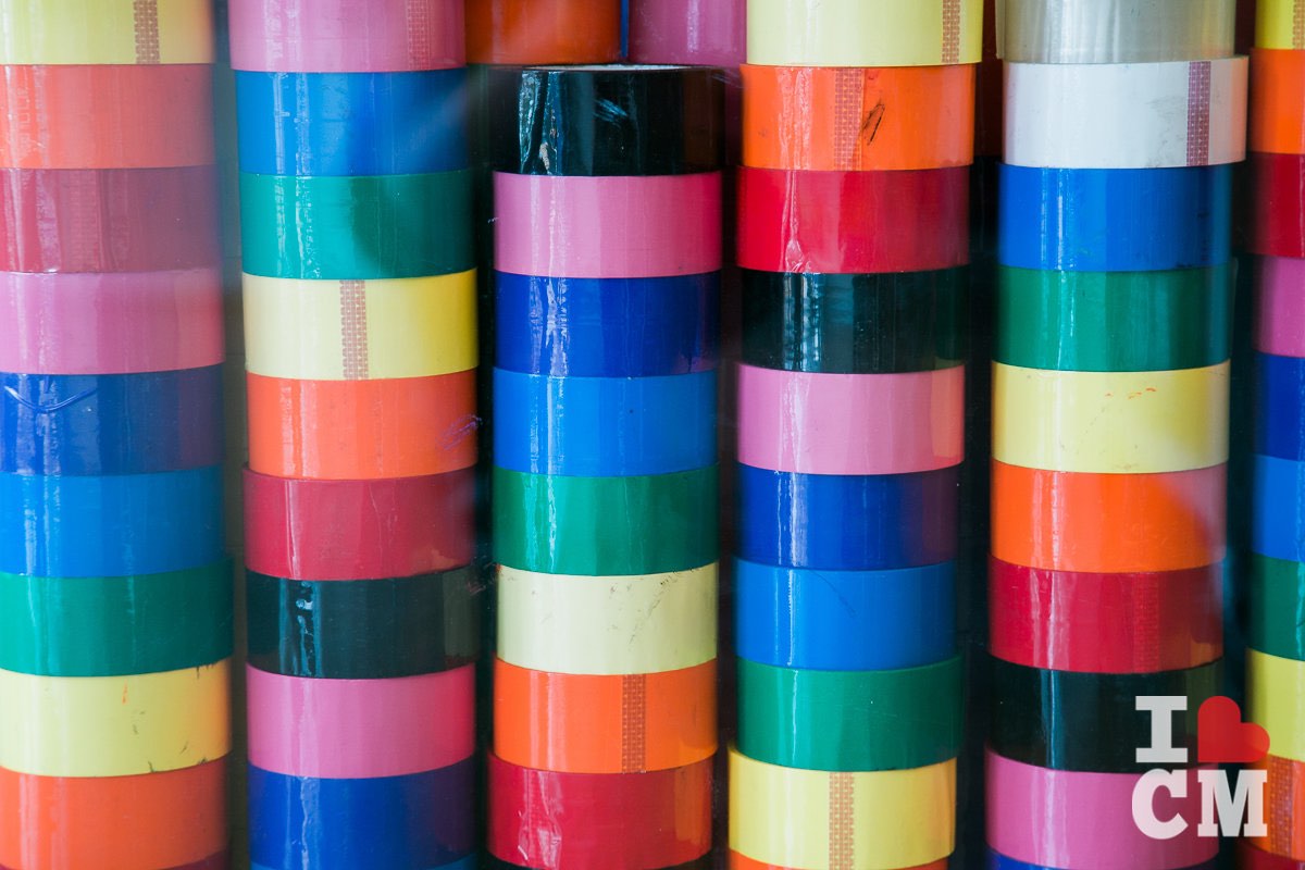 Rack of Colorful Packing Tape at Boxfli in Costa Mesa, California