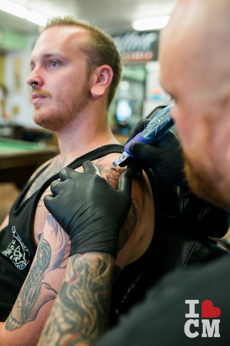 Tattoo Artist And Piercing Expert, Dakota Gilbert, gets inked by Jason Lewis at Blue Collar Tattoo in Costa Mesa