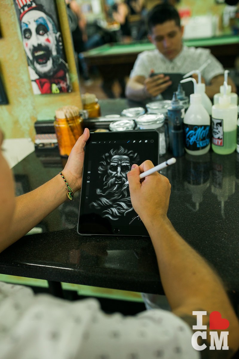 Tattoo Artist, Zodel Pedroza, Sketches a Design at Blue Collar Tattoo, Costa Mesa in Orange County, California