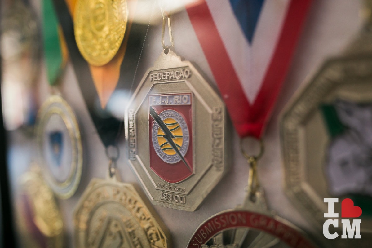 A Trophy Case Full of Medals Hangs On The Wall At Gracie Barra Costa Mesa in Orange County, California