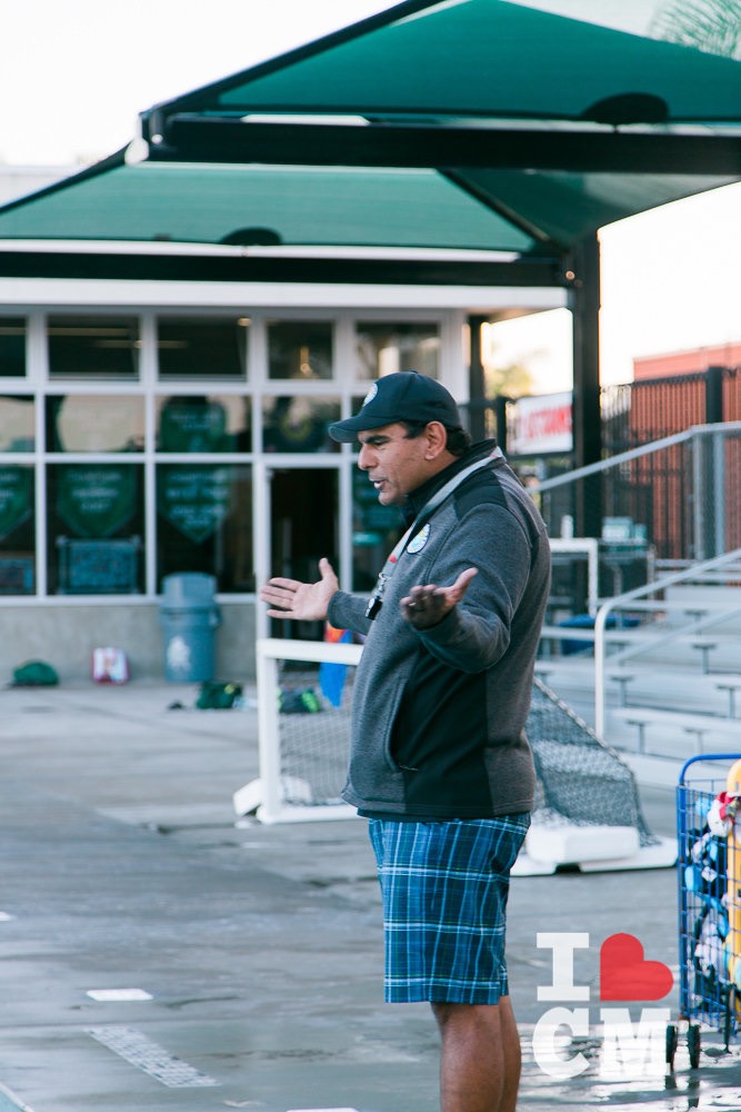 Coach Jose De La Jara Makes The Call, Poolside, at Costa Mesa Aquatics Club (CMAC) in Orange County, California