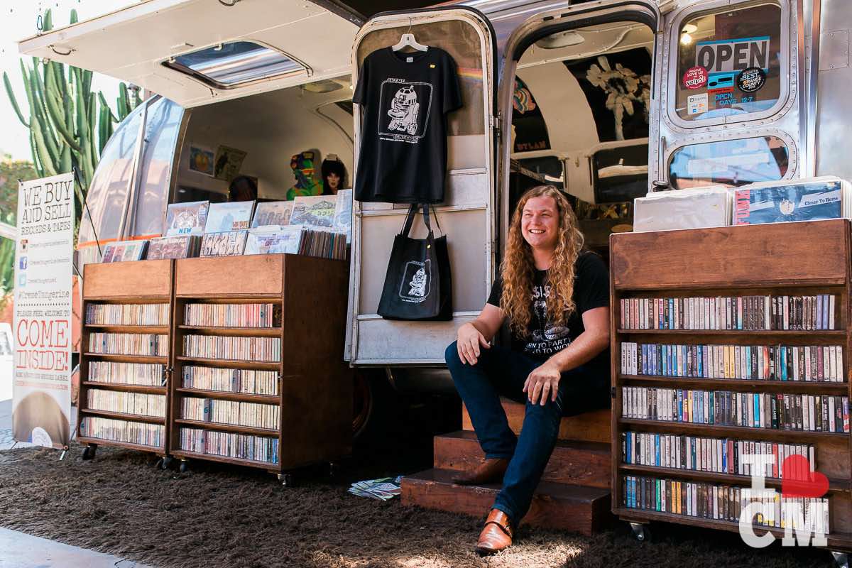 Owner Parker Macy at his airstream record shop, Creme Tangerine Records, at The Lab Anti-Mall in Costa Mesa