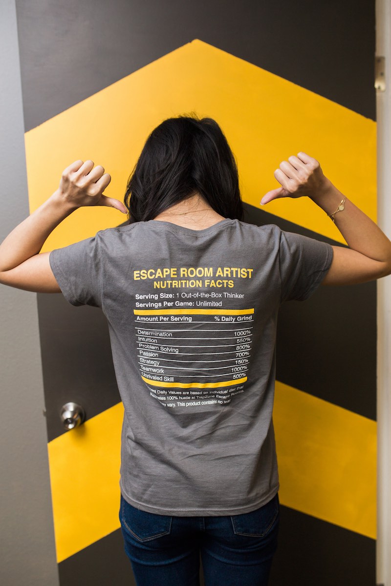 Julie Hom Showing Off Her Shirt at Trapzone Escape Rooms (Costa Mesa, California)