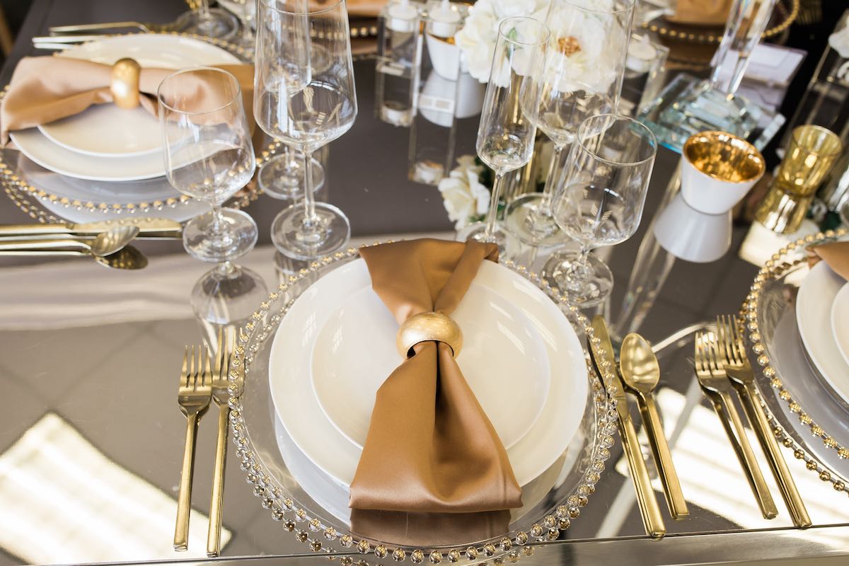 Metallic Gold Table Setting at the Baker Party Rentals Showroom (Costa Mesa, California)