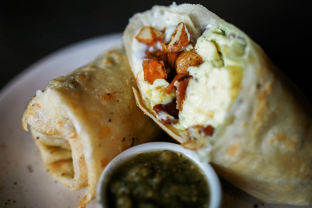 Breakfast Burrito with Egg, Bacon, Potatoes and Salsa Verde at Thunderking Coffee Bar (SOCIAL Costa Mesa)