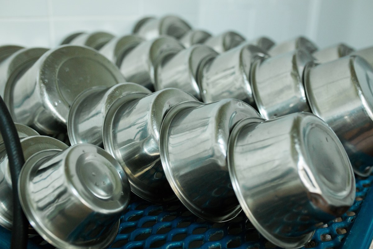 Food Dishes in the Drying Rack at Newport Harbor Animal Hospital in Costa Mesa, California