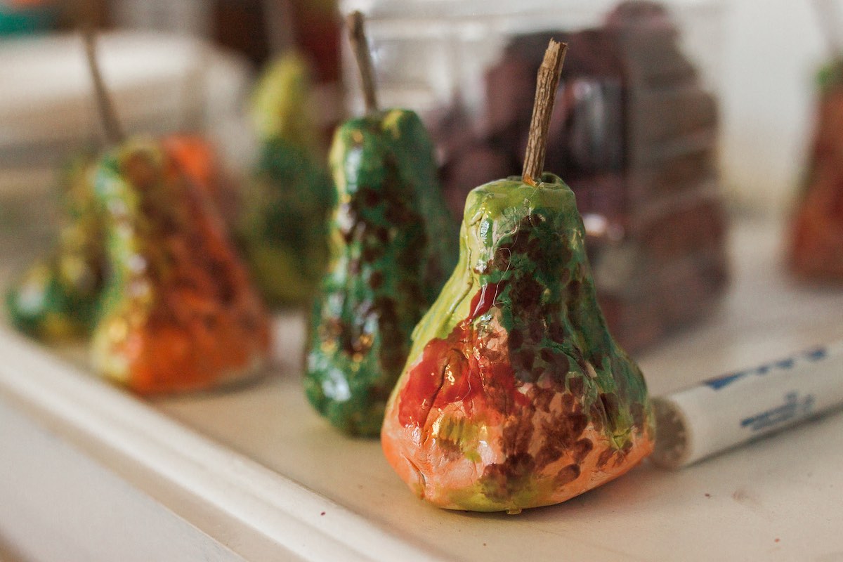 Sculpted and Painted Pears at Lisa Albert Art Studio in Eastside Costa Mesa, California