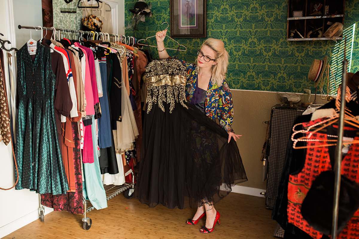 Grandmother's Evening Gown: Sputnik's Vintage Owner, Taylor Hamby, Shows Off Her Grandmother's Vintage Evening Gown in Costa Mesa, California