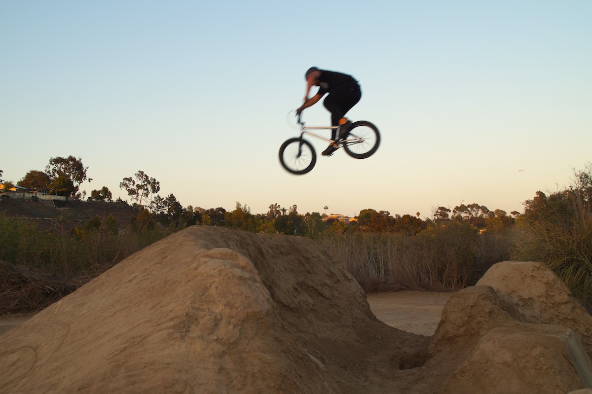 A rider gets some serious air during an afternoon romp at Sheep Hills BMX bike park in Costa Mesa. The area likely got its name from the sheep that used to graze in the fields nearby. (photo: Bradley Zint)
