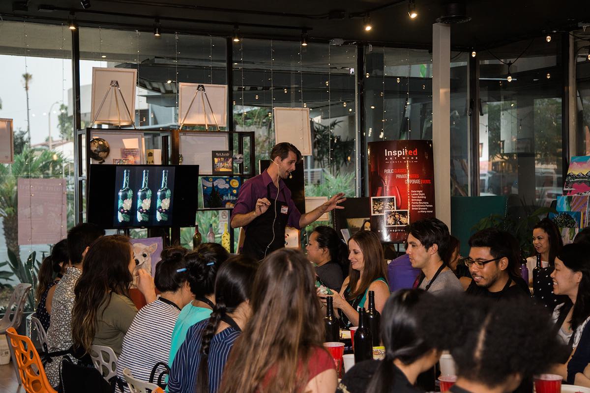 Long Beach Artist, Kenny McBride, Leads A Bottle Painting Class at InspiRED Art Wine in Costa Mesa, California. (photo: Brandy Young)