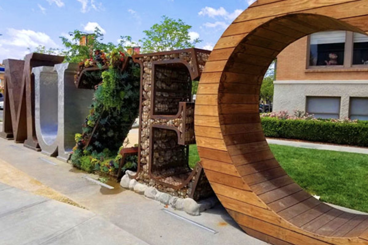 Signs by Aqua Tech Water Jet: Giant, steel MUZEO living letters, Anaheim. (photo courtesy of MUZEO)