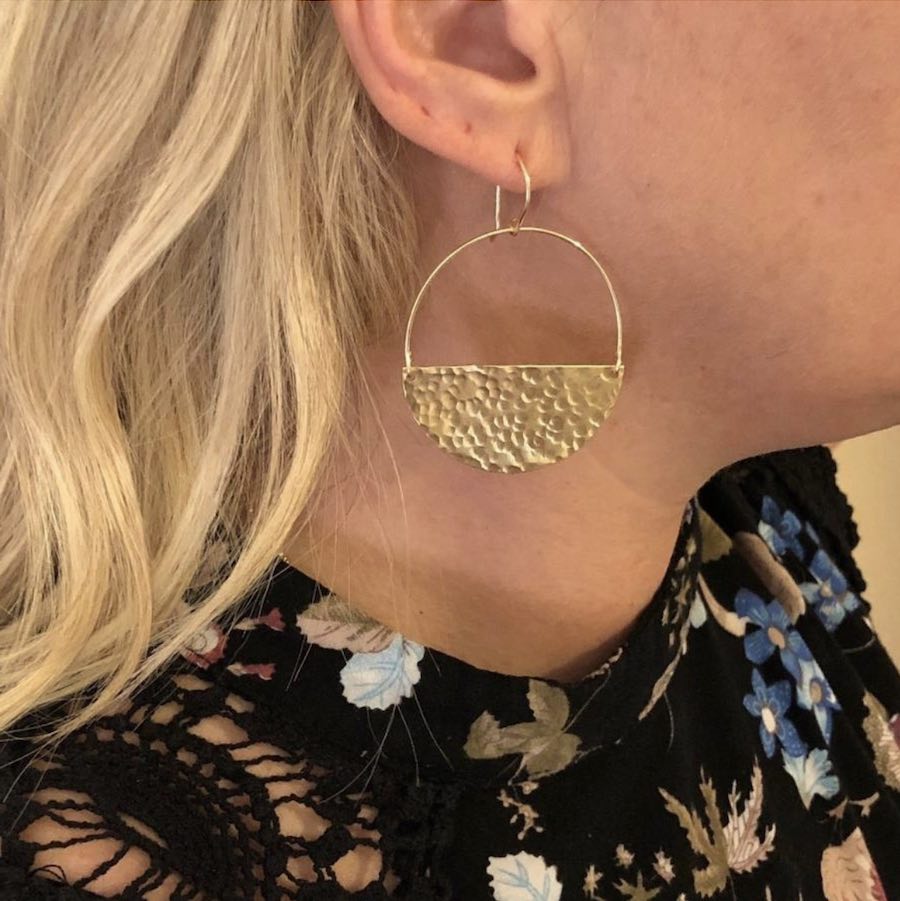 Handmade, Half Moon Drop Hoop Earrings by Jewelry Artist, Laurane Elisabeth Designs in Costa Mesa, Orange County, California. (photo: Samantha Chagollan)