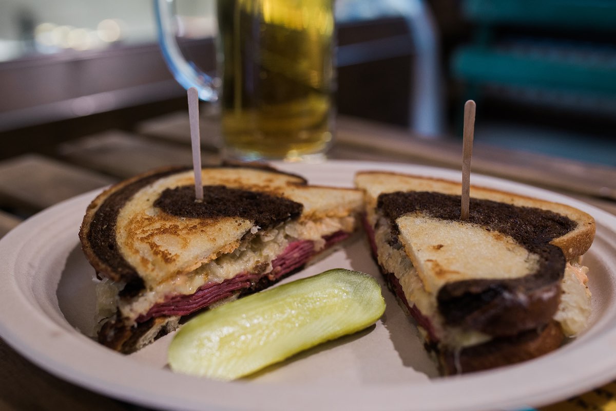 Reuben Sandwich, Pickle and Beer at The Globe Deli in Costa Mesa, Orange County, California. (photo: Brandy Young)