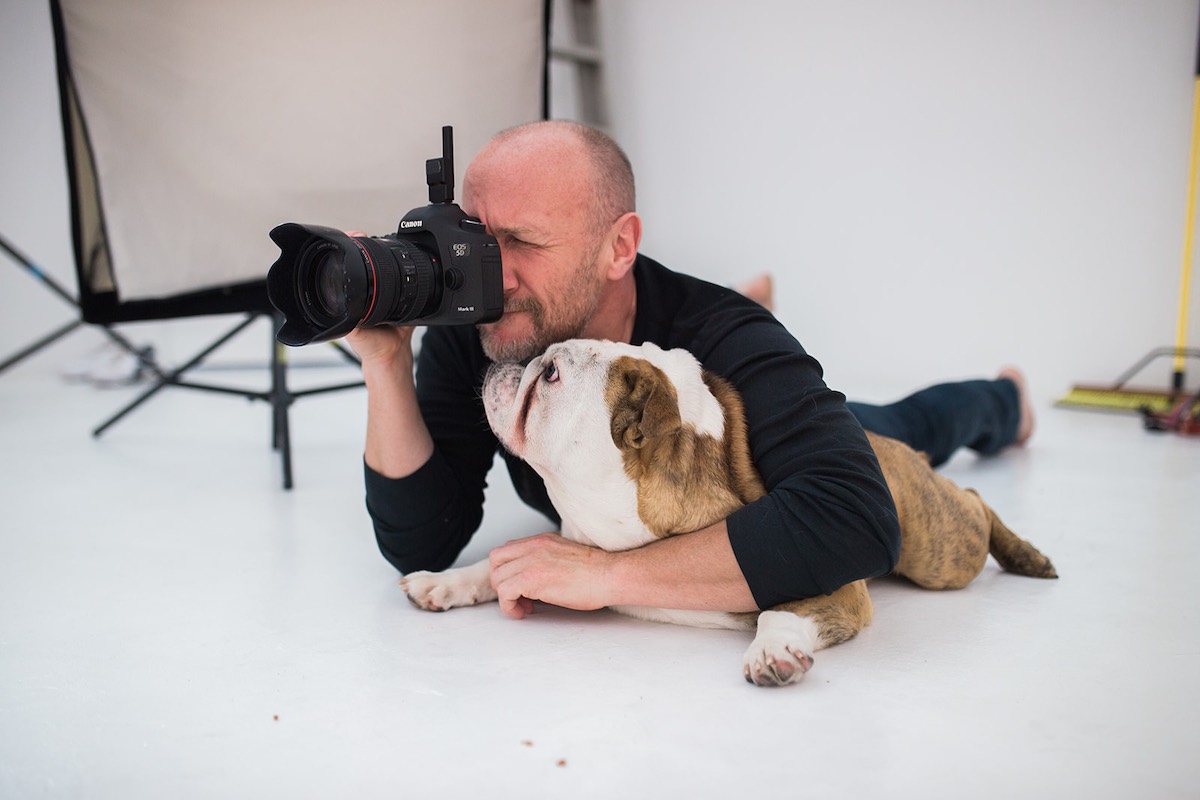 Pet Photographer, David Capron, pictured here with Pepe, at Dogma Pet Portraits in Costa Mesa, Orange County, California.