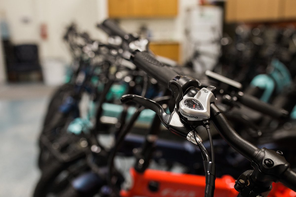 Gears and handlebars of E-Lux Electric Bikes at the headquarters in Westside Costa Mesa, Orange County, California. (photo: Brandy Young)