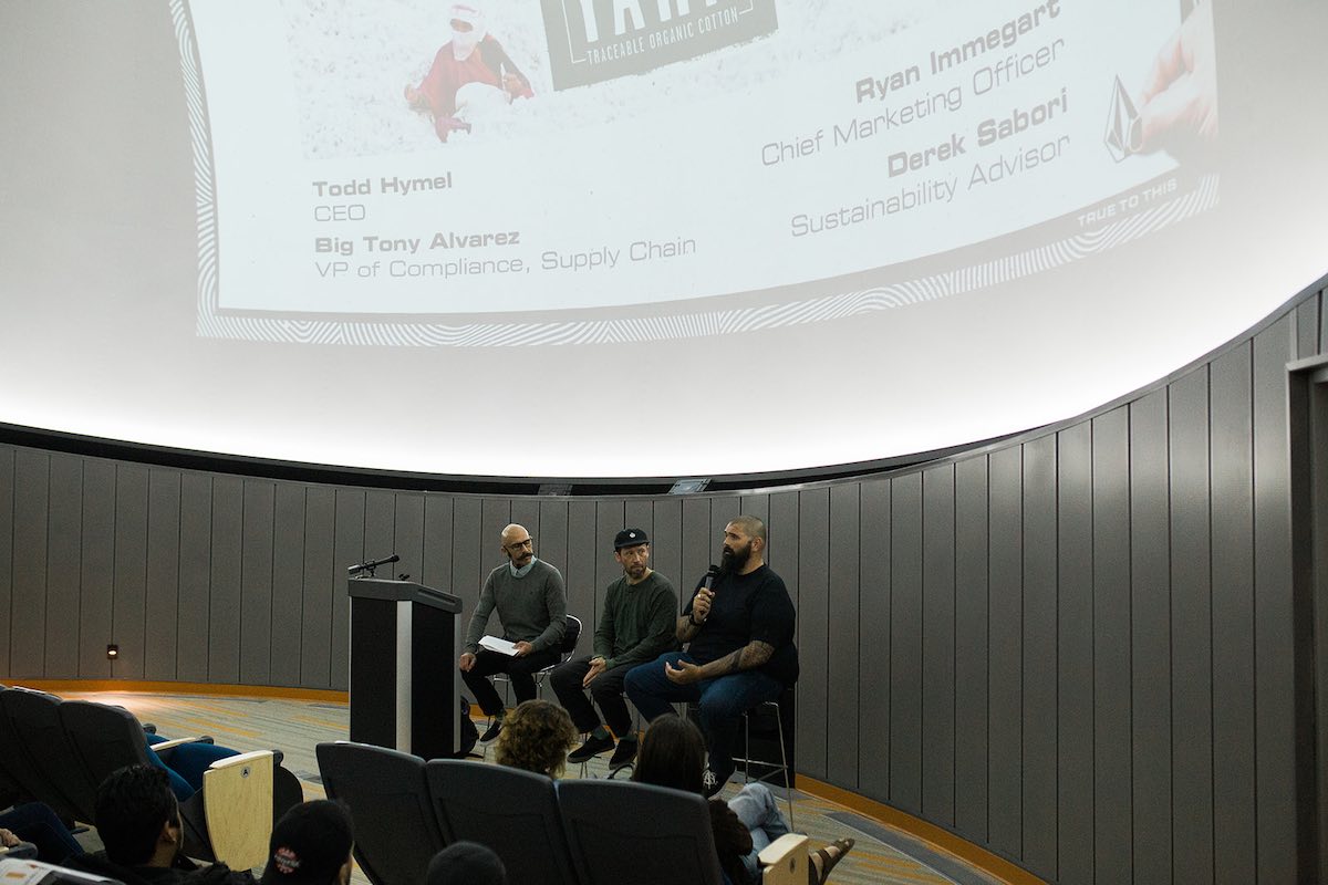 Volcom's Derek Sabori, Ryan Innegart and Big Tony Alvarez at the Orange Coast College Planetarium, presenting 'Farm To Yarn' in Costa Mesa, California.