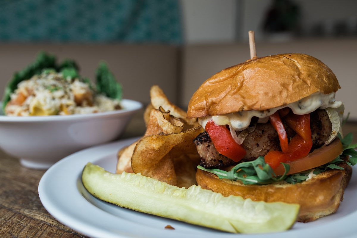 The Blackened Ahi Tuna Burger at Tackle Box, Top Chef Brian Huskey, at SOCO in Costa Mesa, Orange County, California.