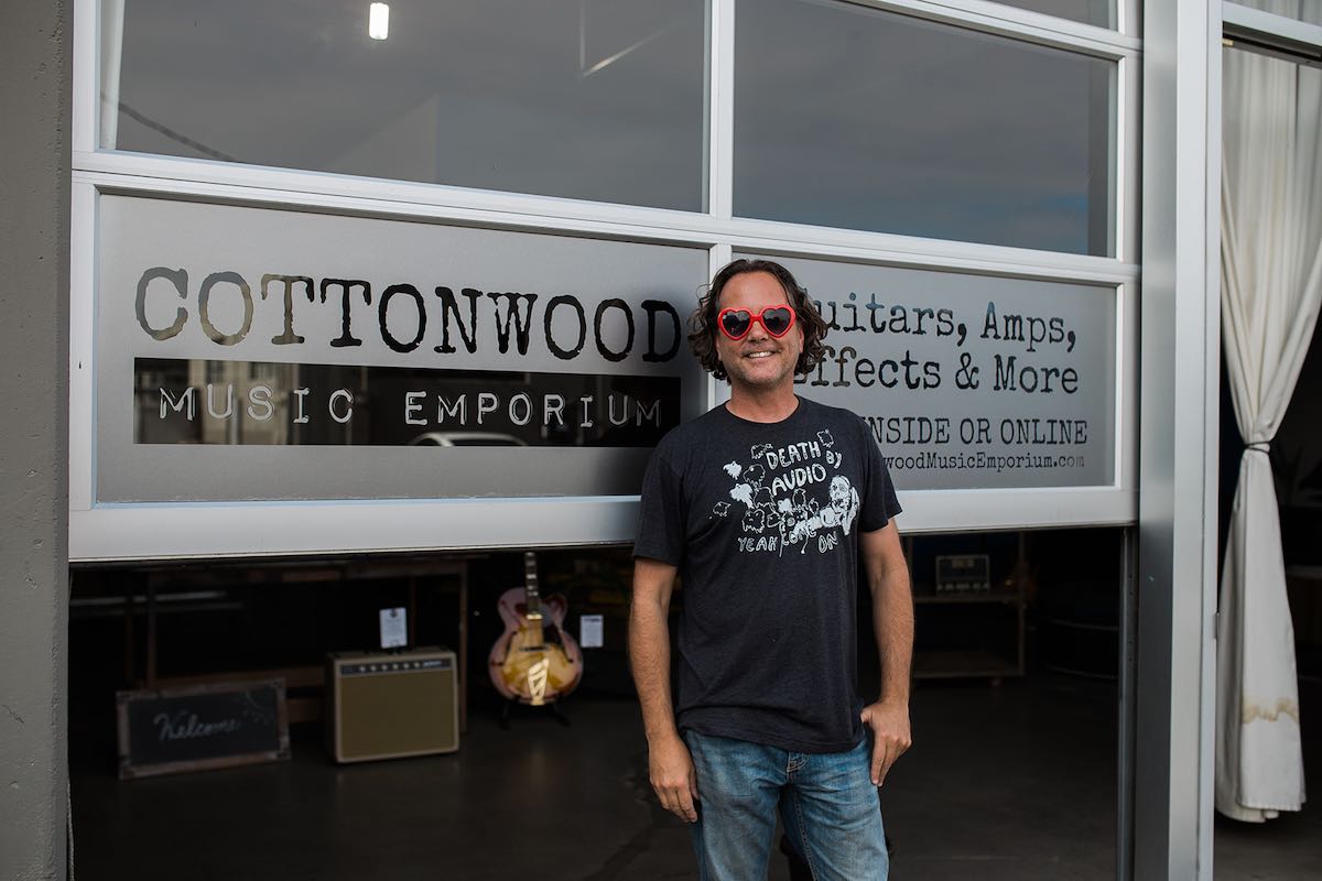 I Heart Costa Mesa: Jim Deitzel in red hearts at Cottonwood Music Emporium in the SoBeCa district of Costa Mesa, Orange County, California.(photo: Brandy Young)