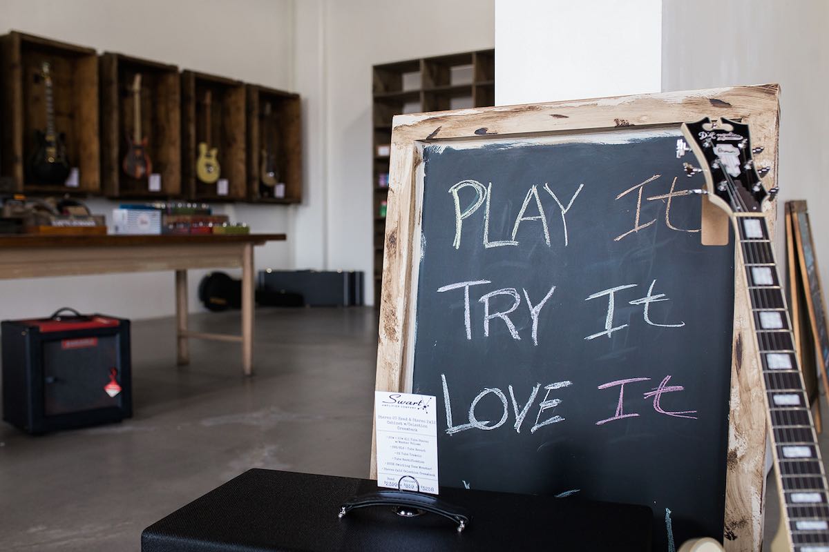 I Heart Costa Mesa: "Play it. Try it. Love it." At Cottonwood Music Emporium in the SoBeCa district of Costa Mesa, Orange County, California.(photo: Brandy Young)