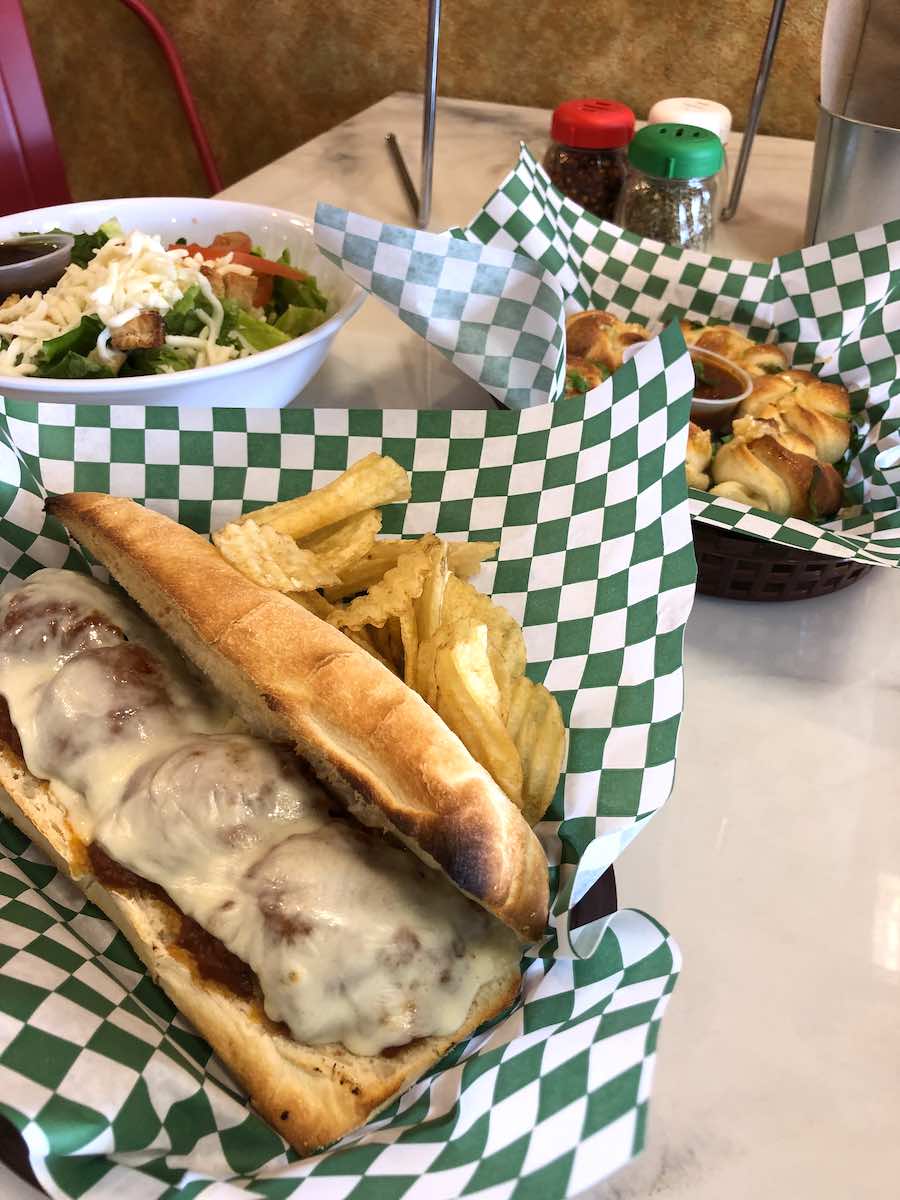 I Heart Costa Mesa: Meatball sub, salad and garlic knots at Ciao! Deli and Pizzeria in Costa Mesa, Orange County, California. (photo: Samantha Chagollan)