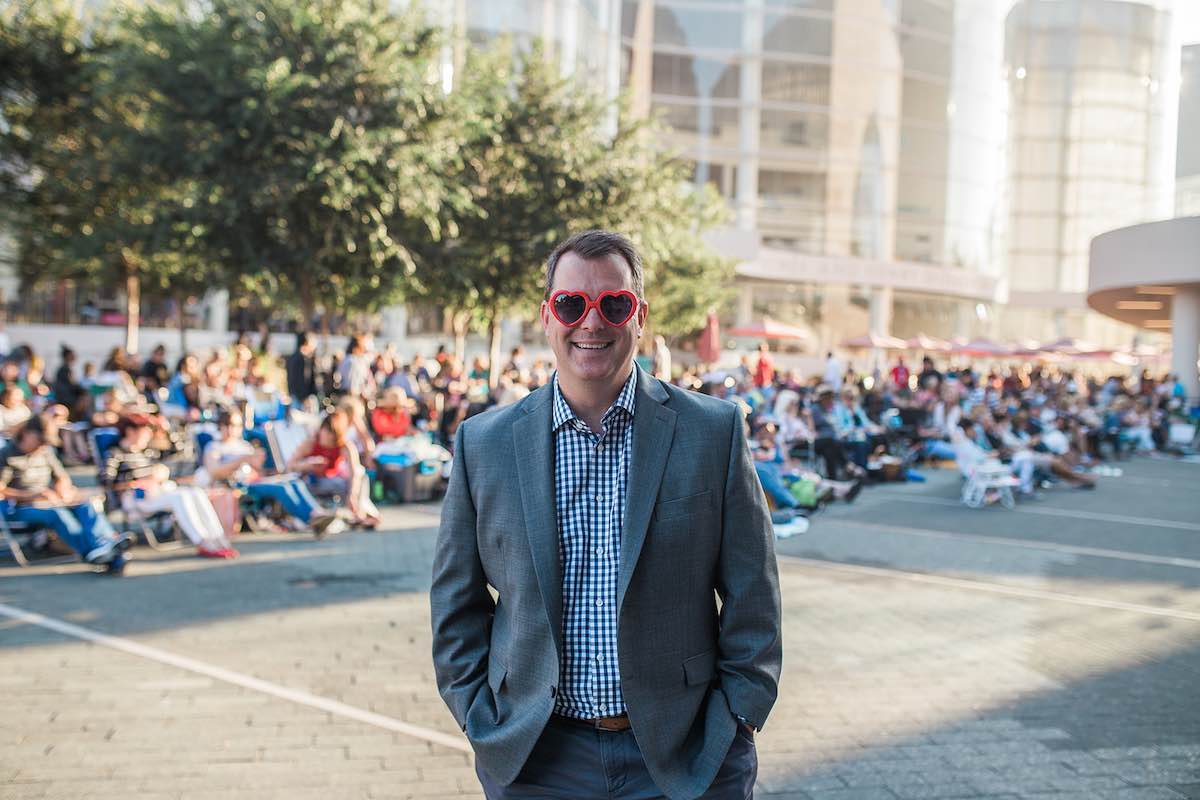 I Heart Costa Mesa: Jason Argyros in hearts on Argyros Plaza at Segerstrom Center for the Arts in Orange County, California. (photo: Brandy Young)