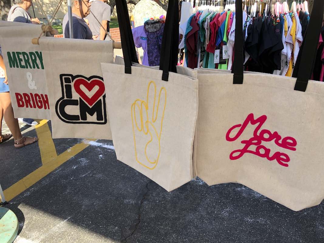 I Heart Costa Mesa: Chain-stitched Flags and Tote Bags by Sarah Jane Goodman, of Sarah Jane Goods, in Westside Costa Mesa, Orange County, California. (photo: Samantha Chagollan)