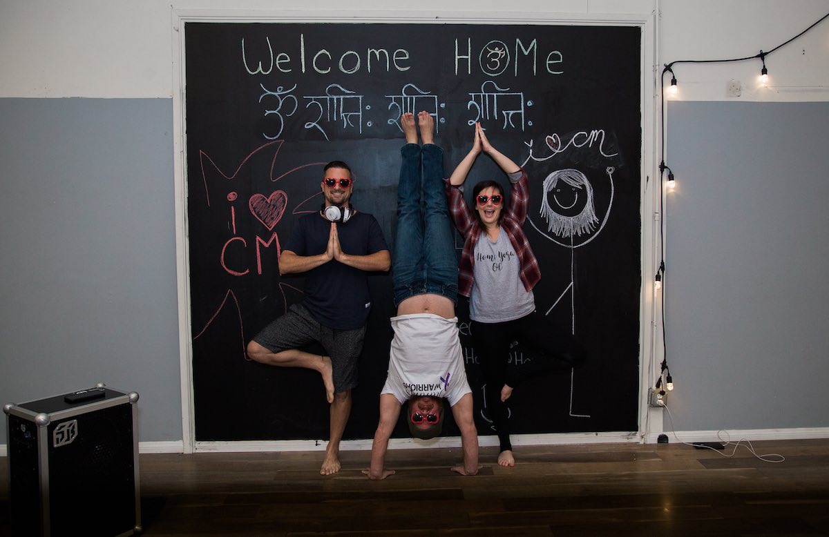 I Heart Costa Mesa: DJ R33d, Scott Underwood and Katlyn Greiner at Home Yoga OC in Westside Costa Mesa, Orange County, California. (photo: Brandy Young)