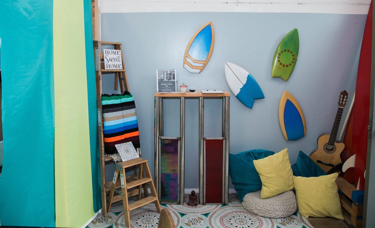 I Heart Costa Mesa: Surfboard Kickboard Wall Art at Home Yoga OC in Westside Costa Mesa, Orange County, California. (photo: Brandy Young)