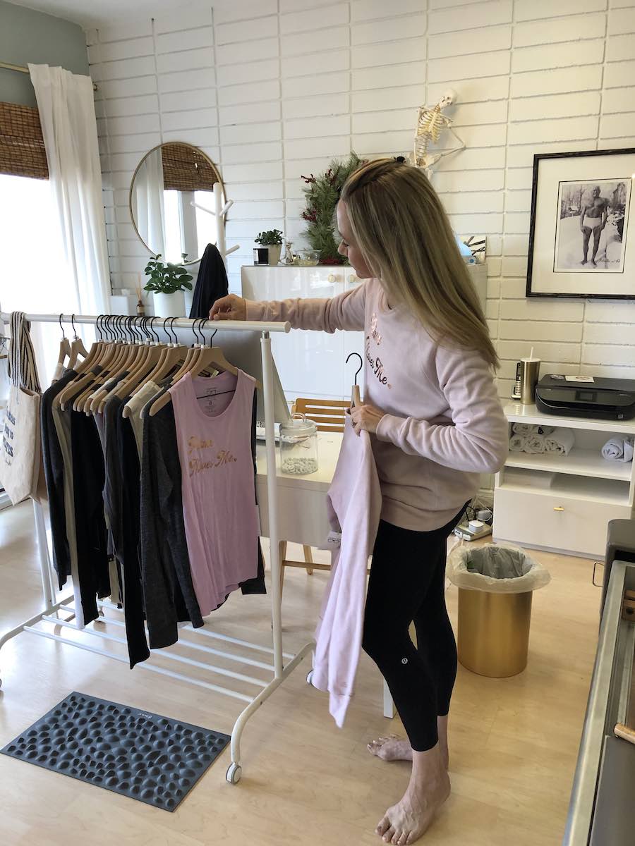 I Heart Costa Mesa: Karen Ellis displays her Pilates Nerd line of clothing at her studio, Prana Pilates, in Eastside Costa Mesa, Orange County, California. (photo: Samantha Chagollan)